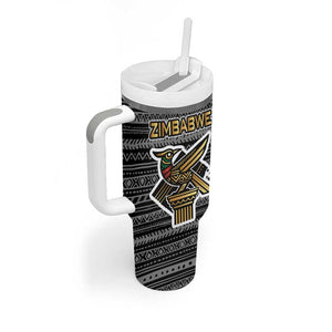 Zimbabwean Bird Statue Tumbler With Handle Tribal Pattern Flag Patch and Heritage Symbol