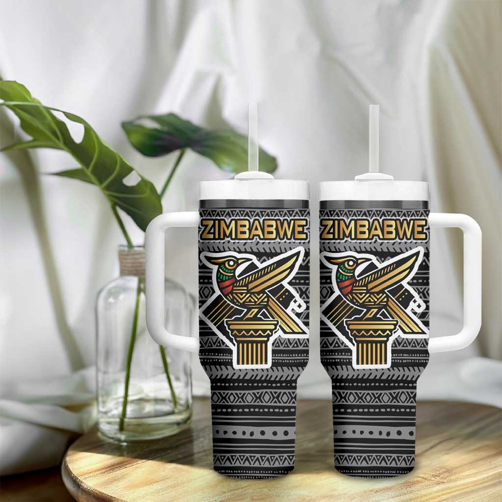 Zimbabwean Bird Statue Tumbler With Handle Tribal Pattern Flag Patch and Heritage Symbol