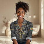 Zimbabwean Bird Statue Women Casual Shirt Tribal Pattern Flag Patch and Heritage Symbol