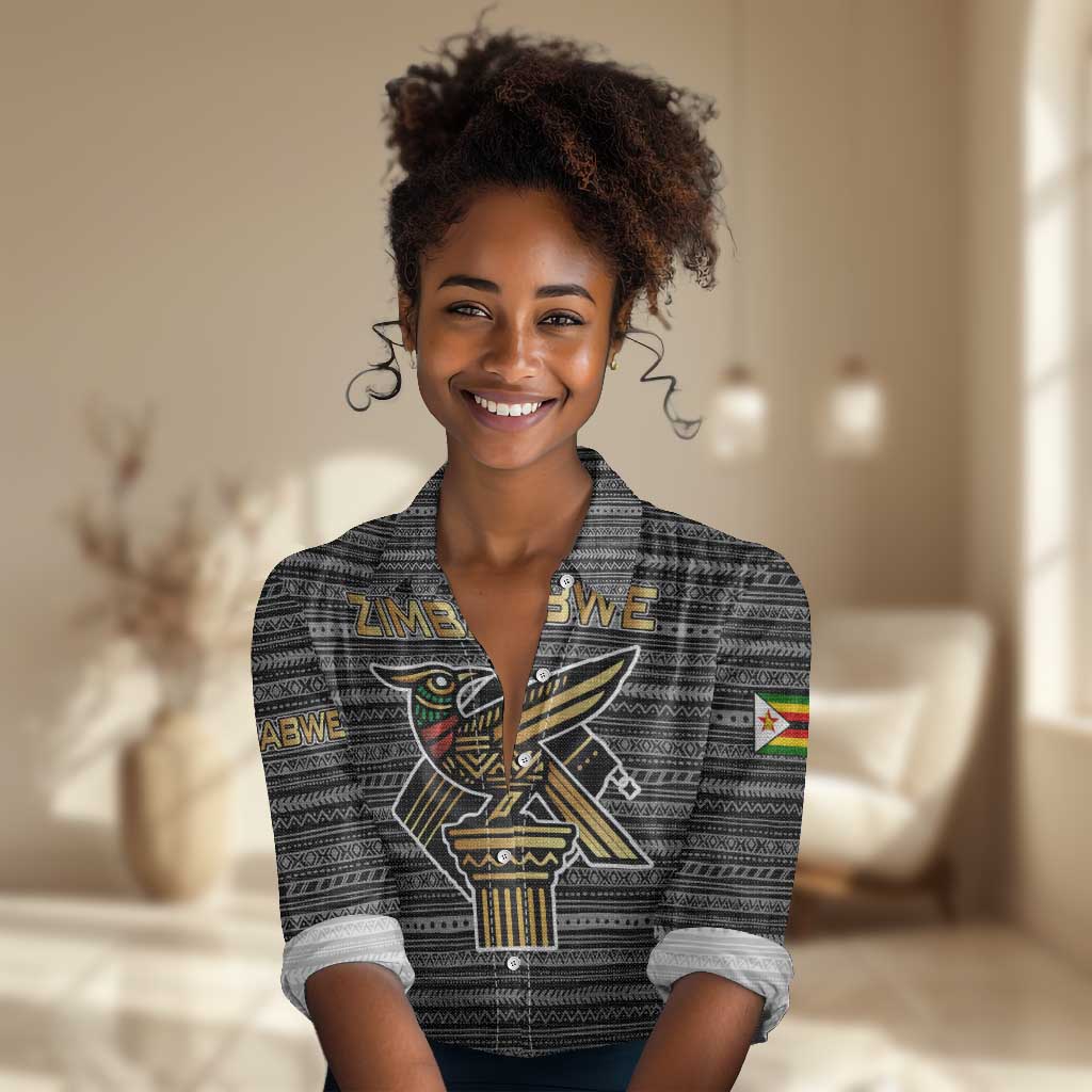 Zimbabwean Bird Statue Women Casual Shirt Tribal Pattern Flag Patch and Heritage Symbol