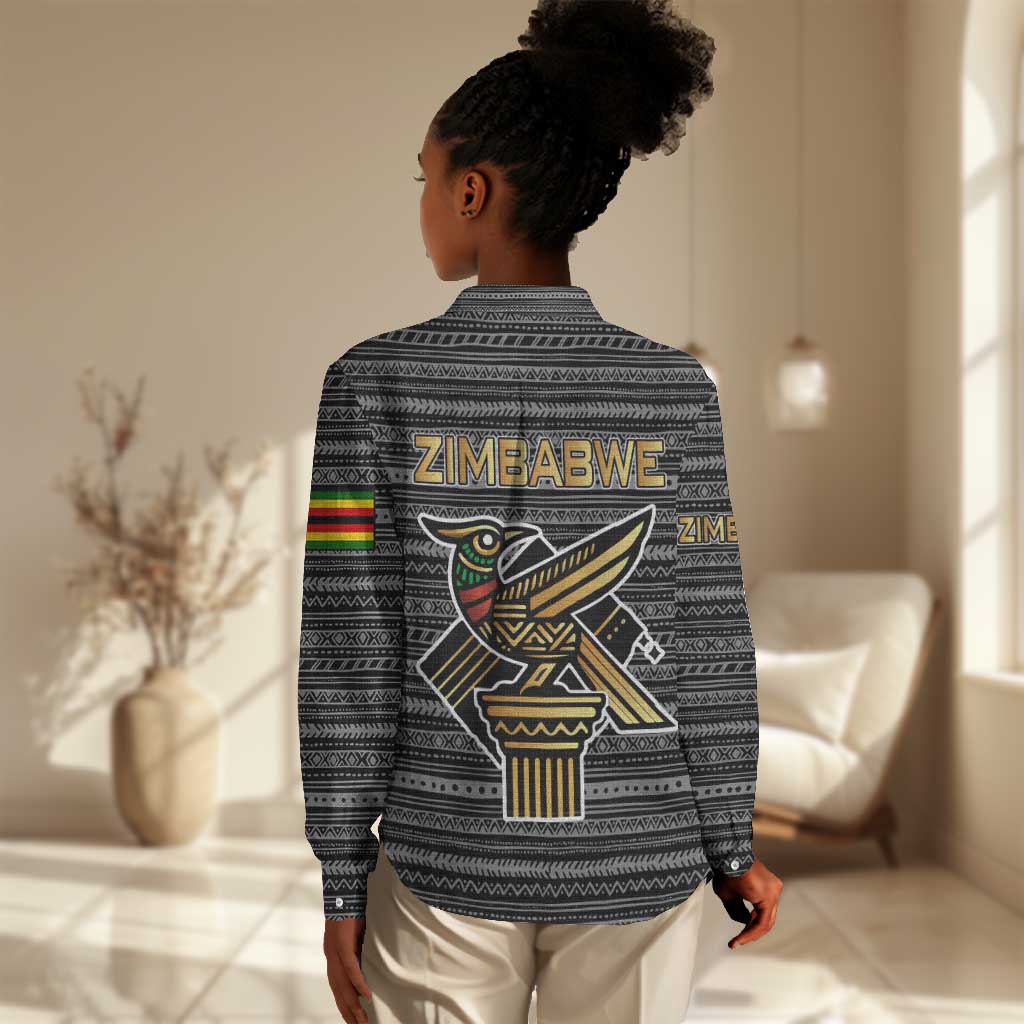 Zimbabwean Bird Statue Women Casual Shirt Tribal Pattern Flag Patch and Heritage Symbol