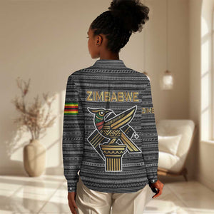 Zimbabwean Bird Statue Women Casual Shirt Tribal Pattern Flag Patch and Heritage Symbol