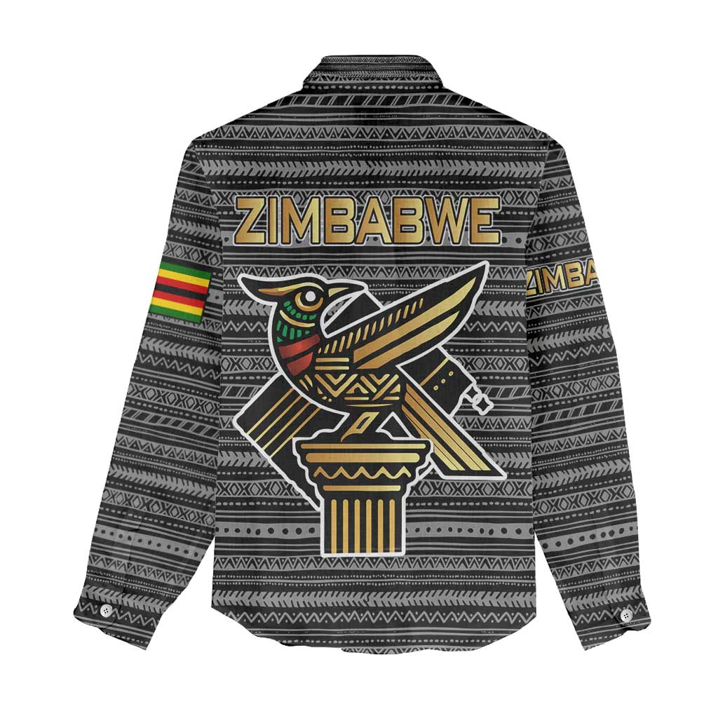 Zimbabwean Bird Statue Women Casual Shirt Tribal Pattern Flag Patch and Heritage Symbol