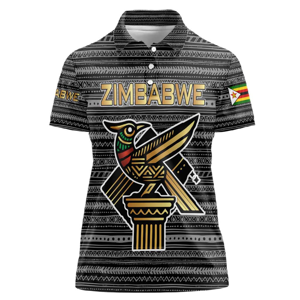 Zimbabwean Bird Statue Women Polo Shirt Tribal Pattern Flag Patch and Heritage Symbol