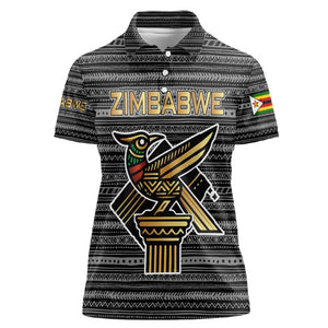 Zimbabwean Bird Statue Women Polo Shirt Tribal Pattern Flag Patch and Heritage Symbol