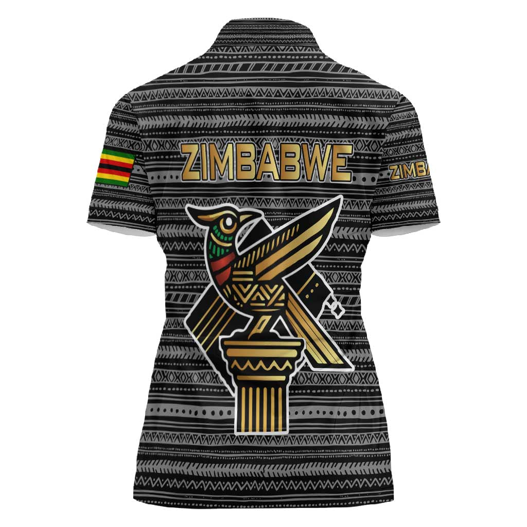 Zimbabwean Bird Statue Women Polo Shirt Tribal Pattern Flag Patch and Heritage Symbol