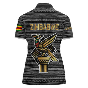 Zimbabwean Bird Statue Women Polo Shirt Tribal Pattern Flag Patch and Heritage Symbol