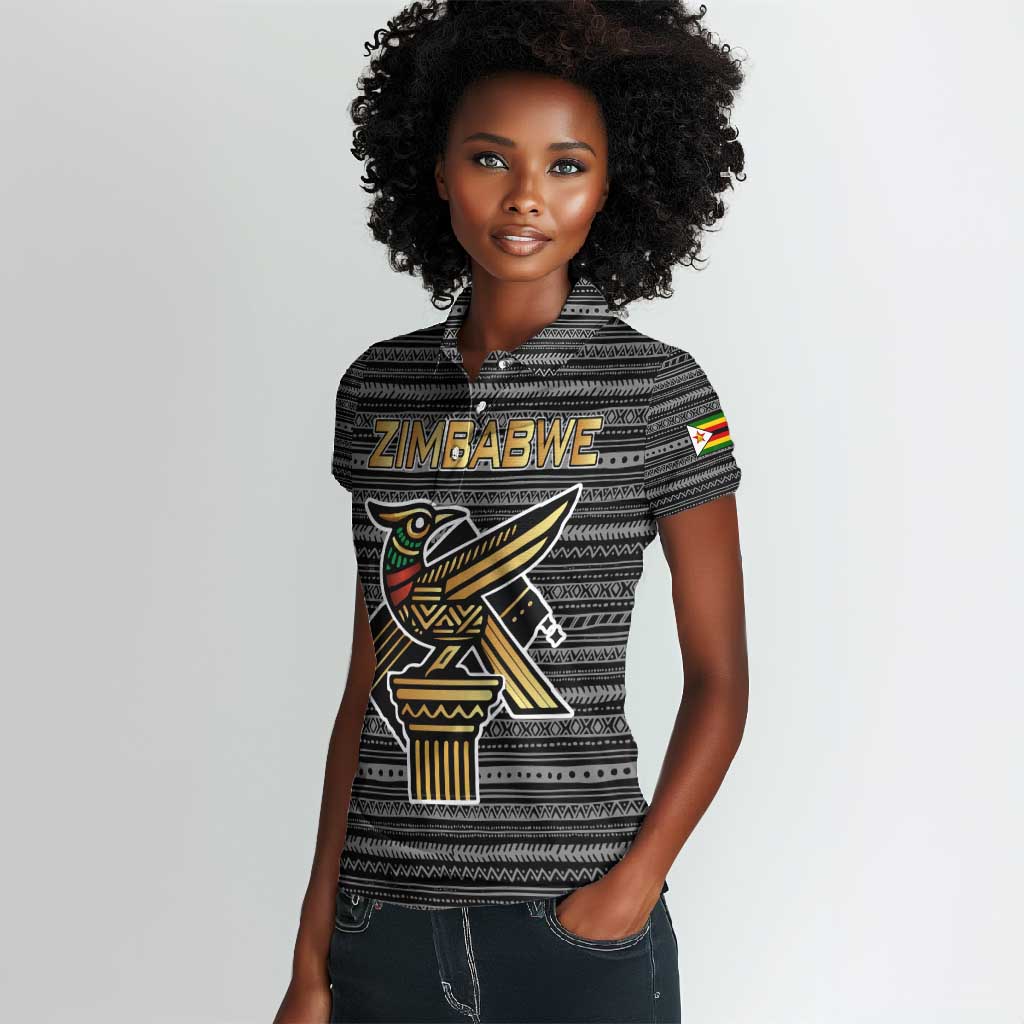 Zimbabwean Bird Statue Women Polo Shirt Tribal Pattern Flag Patch and Heritage Symbol