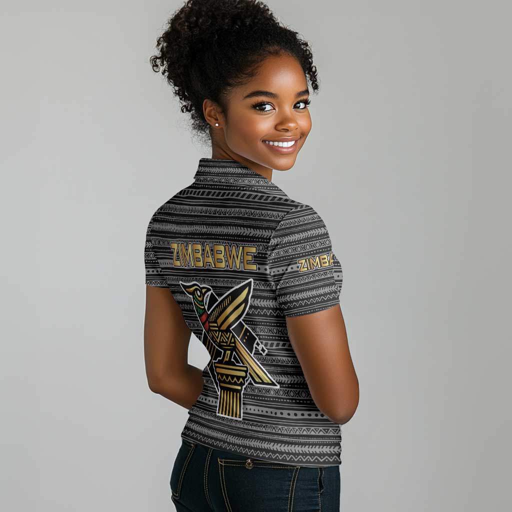 Zimbabwean Bird Statue Women Polo Shirt Tribal Pattern Flag Patch and Heritage Symbol
