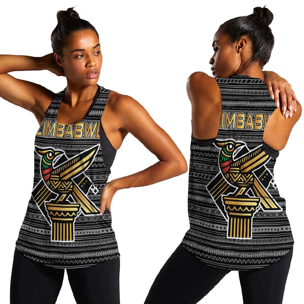 Zimbabwean Bird Statue Women Racerback Tank Tribal Pattern Flag Patch and Heritage Symbol