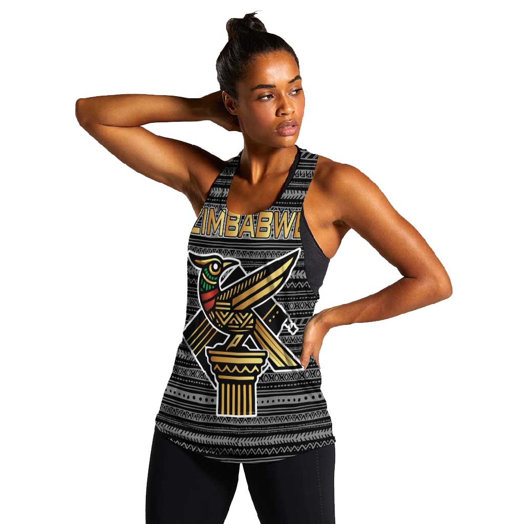 Zimbabwean Bird Statue Women Racerback Tank Tribal Pattern Flag Patch and Heritage Symbol
