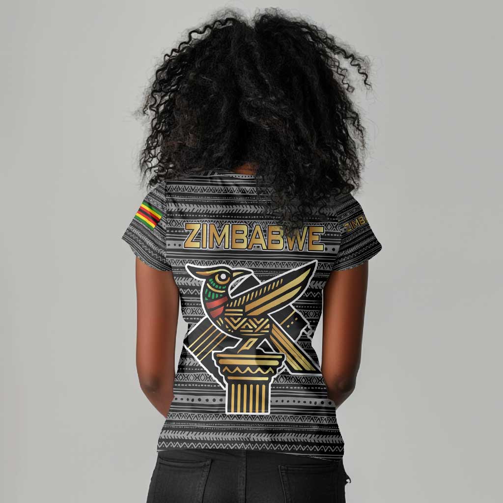 Zimbabwean Bird Statue Women V-Neck T-Shirt Tribal Pattern Flag Patch and Heritage Symbol