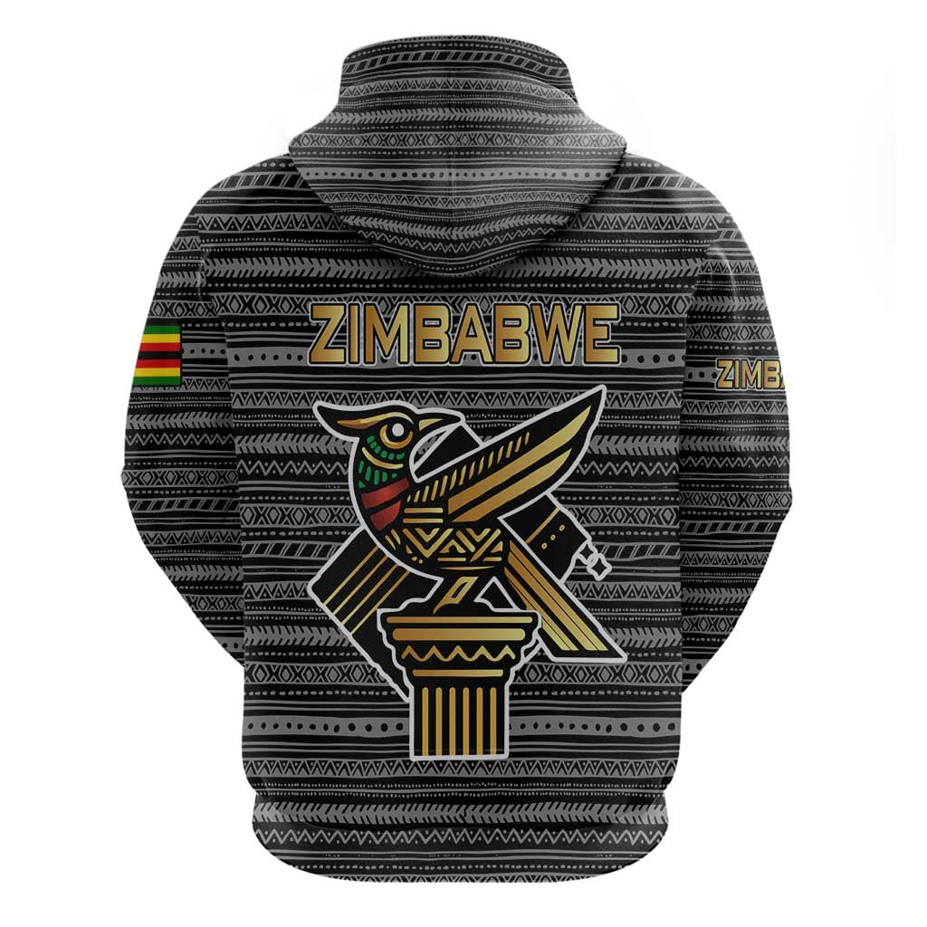 Zimbabwean Bird Statue Zip Hoodie Tribal Pattern Flag Patch and Heritage Symbol