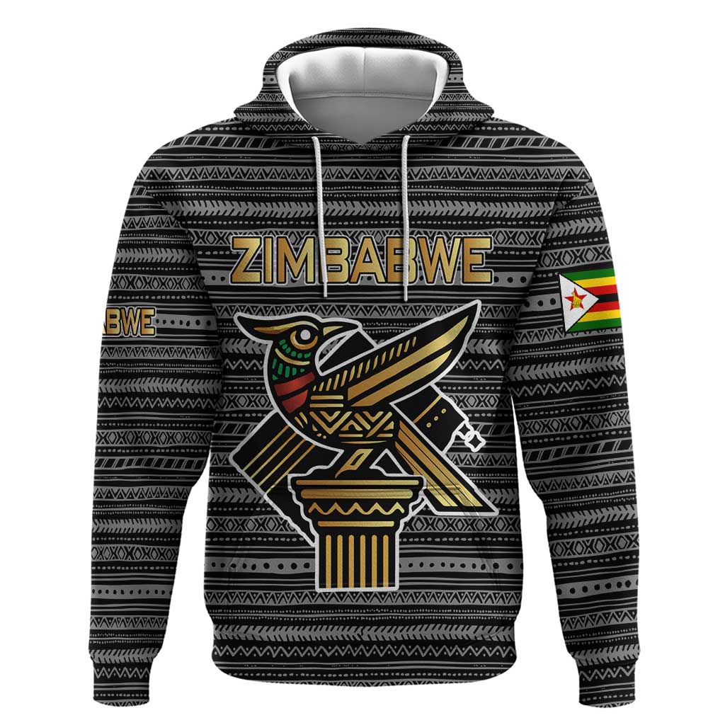 Zimbabwean Bird Statue Zip Hoodie Tribal Pattern Flag Patch and Heritage Symbol