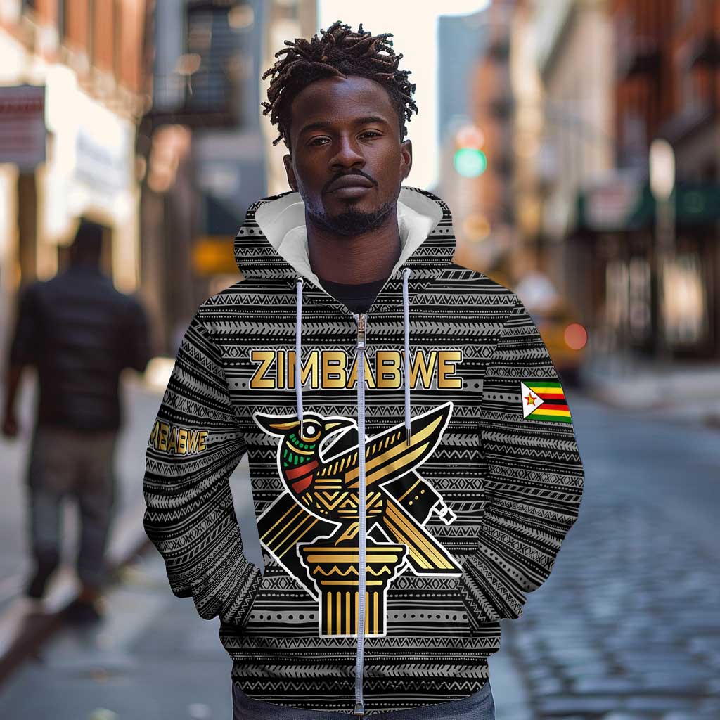 Zimbabwean Bird Statue Zip Hoodie Tribal Pattern Flag Patch and Heritage Symbol