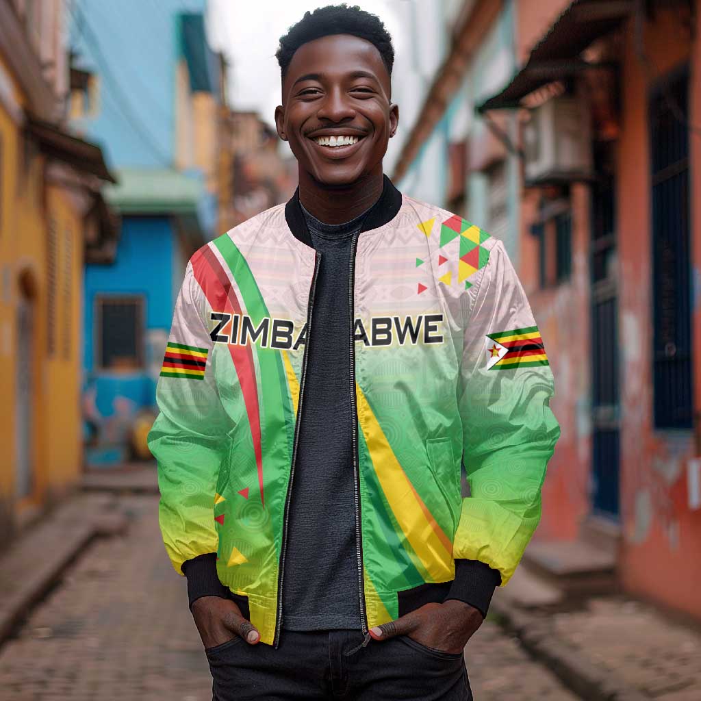 Vibe Zimbabwe Bomber Jacket Tribal-Inspired Background with Geometric Flag Color Design