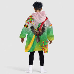 Vibe Zimbabwe Kid Wearable Blanket Hoodie Tribal-Inspired Background with Geometric Flag Color Design