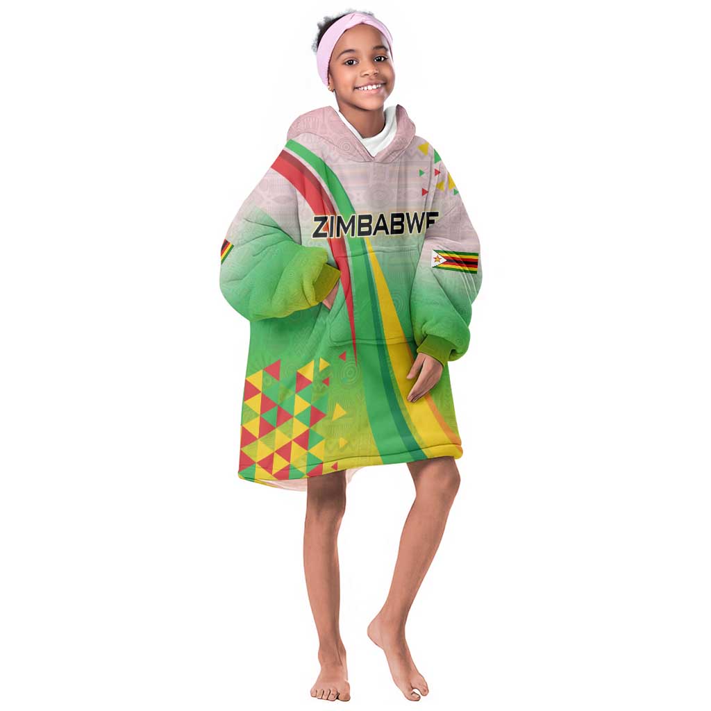 Vibe Zimbabwe Kid Wearable Blanket Hoodie Tribal-Inspired Background with Geometric Flag Color Design
