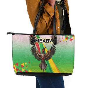 Vibe Zimbabwe Leather Tote Bag Tribal-Inspired Background with Geometric Flag Color Design