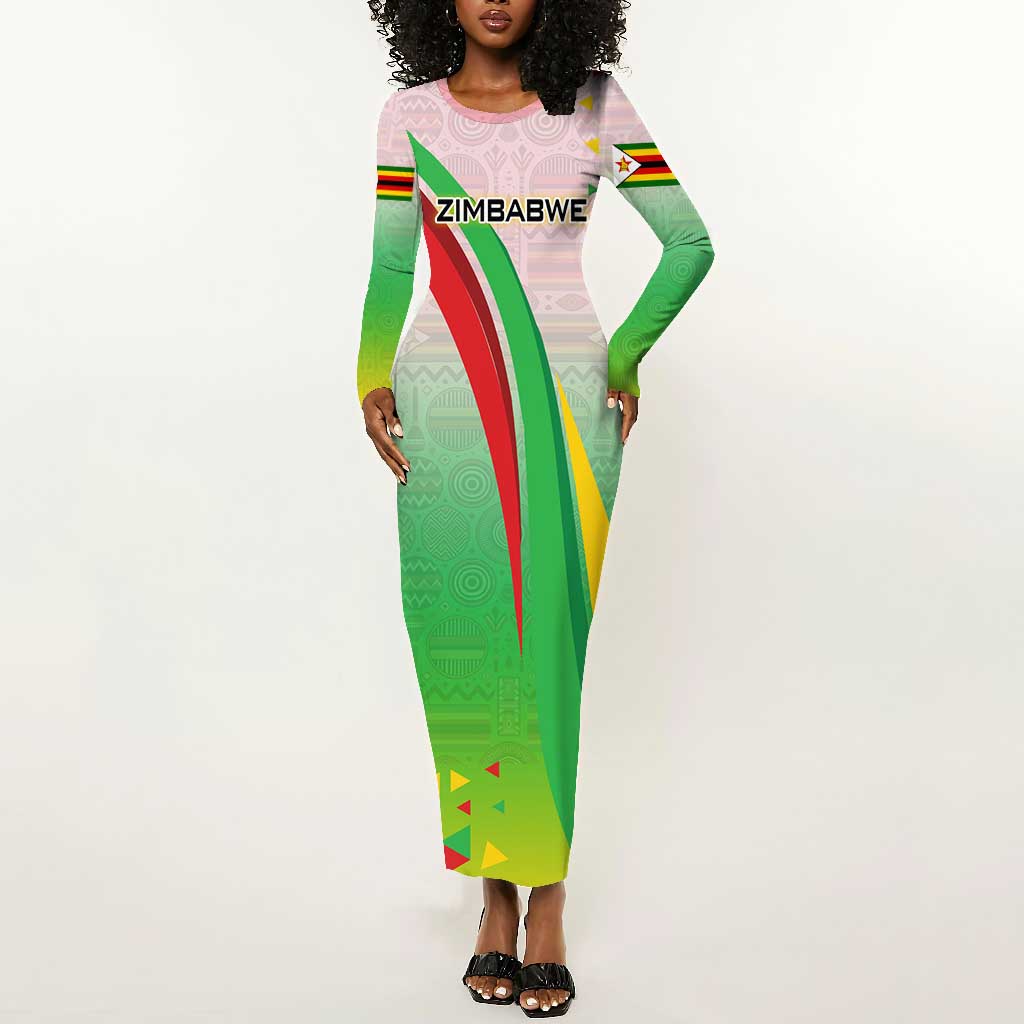 Vibe Zimbabwe Long Sleeve Bodycon Dress Tribal-Inspired Background with Geometric Flag Color Design TS04