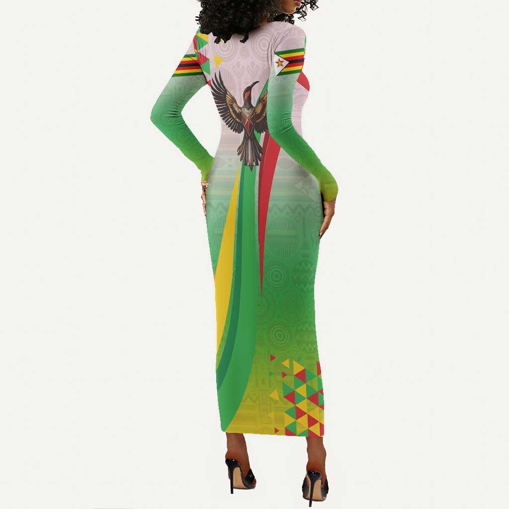 Vibe Zimbabwe Long Sleeve Bodycon Dress Tribal-Inspired Background with Geometric Flag Color Design TS04