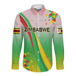 Vibe Zimbabwe Long Sleeve Button Shirt Tribal-Inspired Background with Geometric Flag Color Design