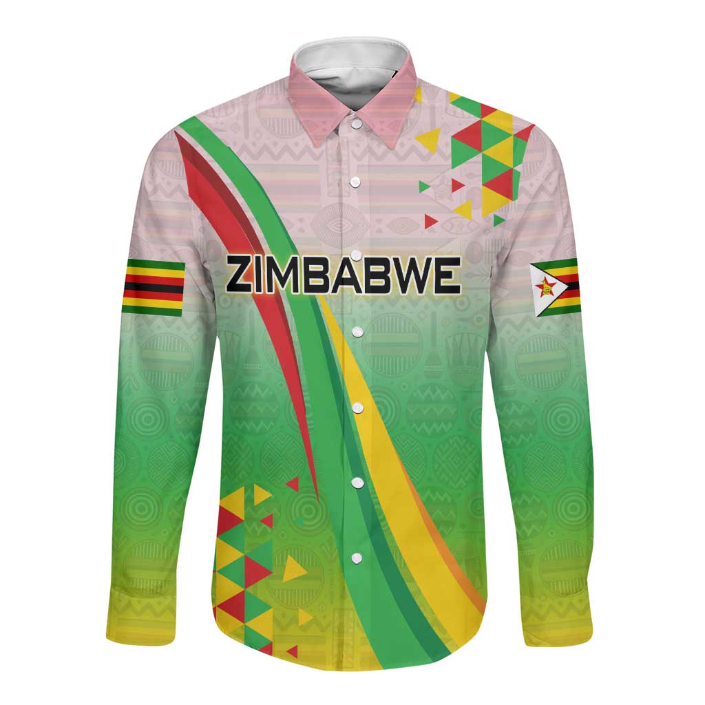 Vibe Zimbabwe Long Sleeve Button Shirt Tribal-Inspired Background with Geometric Flag Color Design