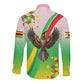 Vibe Zimbabwe Long Sleeve Button Shirt Tribal-Inspired Background with Geometric Flag Color Design