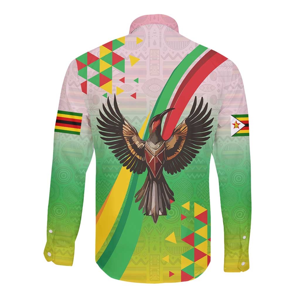 Vibe Zimbabwe Long Sleeve Button Shirt Tribal-Inspired Background with Geometric Flag Color Design