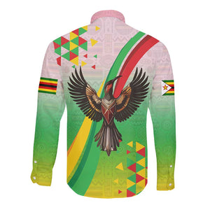 Vibe Zimbabwe Long Sleeve Button Shirt Tribal-Inspired Background with Geometric Flag Color Design