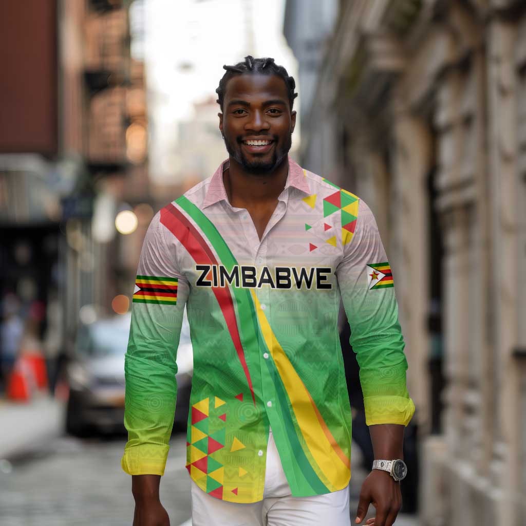 Vibe Zimbabwe Long Sleeve Button Shirt Tribal-Inspired Background with Geometric Flag Color Design