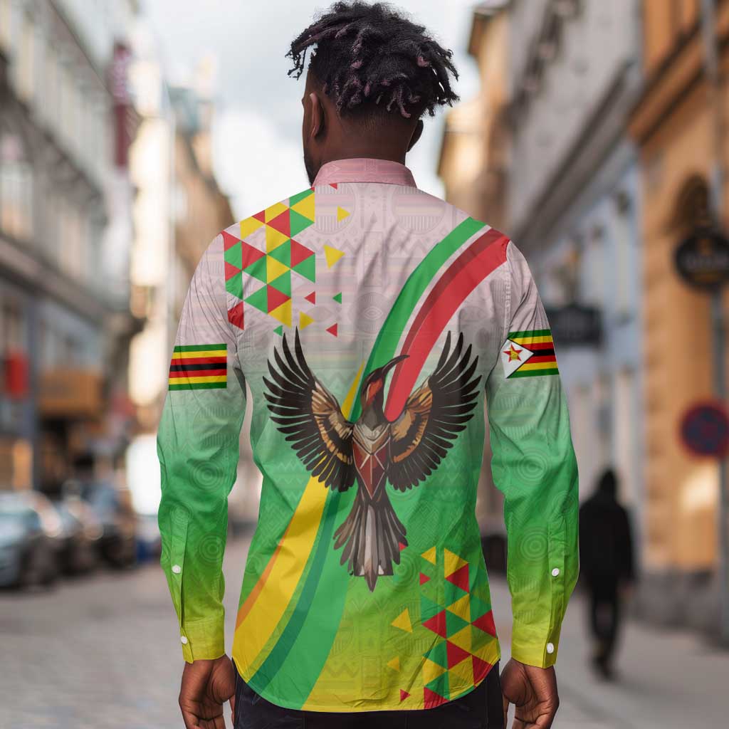 Vibe Zimbabwe Long Sleeve Button Shirt Tribal-Inspired Background with Geometric Flag Color Design