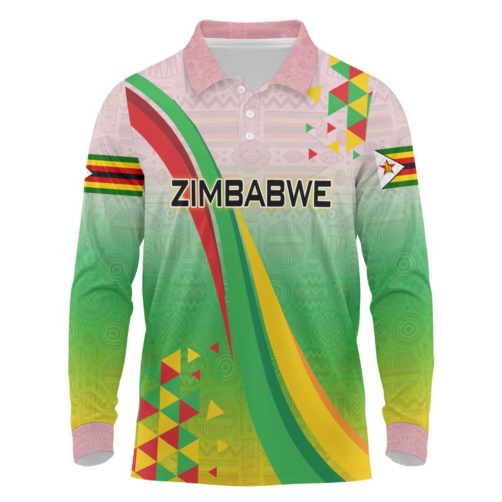 Vibe Zimbabwe Long Sleeve Polo Shirt Tribal-Inspired Background with Geometric Flag Color Design