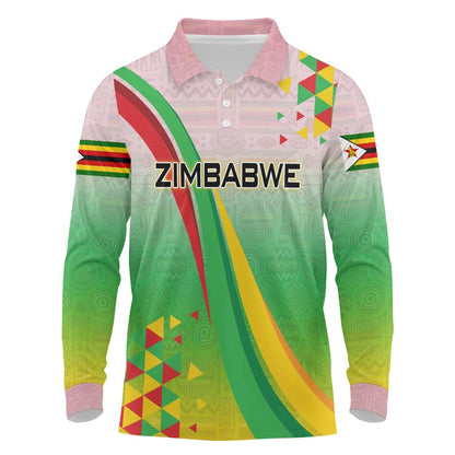 Vibe Zimbabwe Long Sleeve Polo Shirt Tribal-Inspired Background with Geometric Flag Color Design