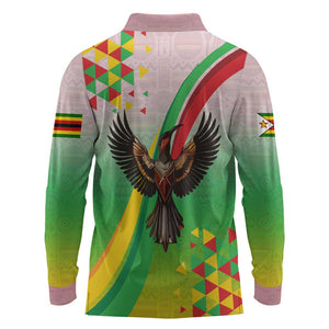 Vibe Zimbabwe Long Sleeve Polo Shirt Tribal-Inspired Background with Geometric Flag Color Design