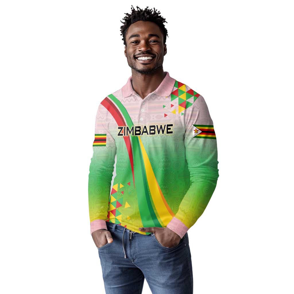 Vibe Zimbabwe Long Sleeve Polo Shirt Tribal-Inspired Background with Geometric Flag Color Design