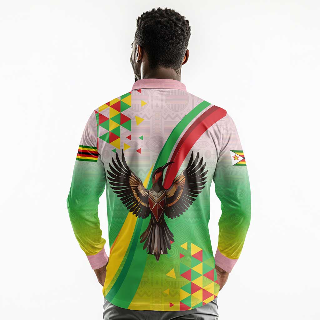 Vibe Zimbabwe Long Sleeve Polo Shirt Tribal-Inspired Background with Geometric Flag Color Design