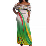 Vibe Zimbabwe Off Shoulder Maxi Dress Tribal-Inspired Background with Geometric Flag Color Design