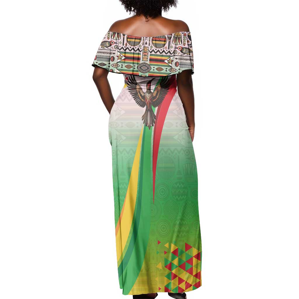 Vibe Zimbabwe Off Shoulder Maxi Dress Tribal-Inspired Background with Geometric Flag Color Design