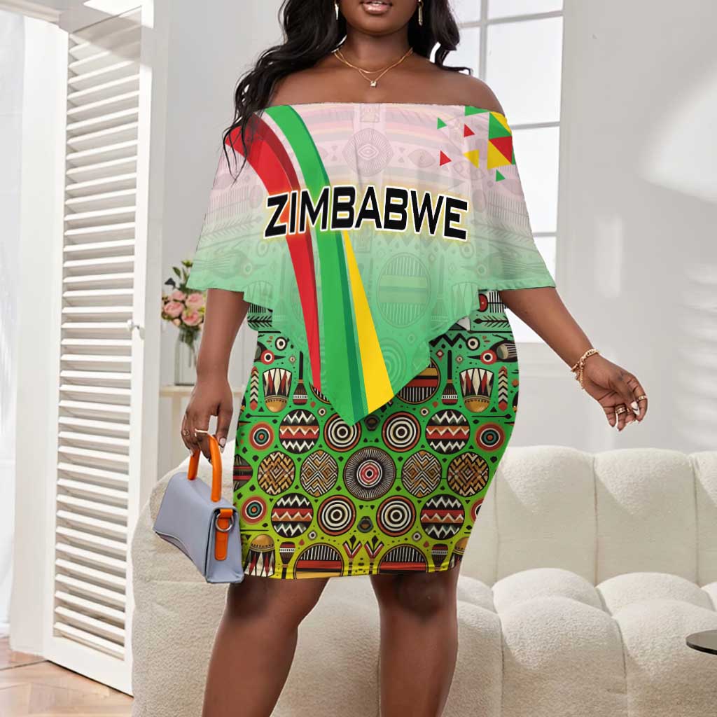 Vibe Zimbabwe Off Shoulder Short Dress Tribal-Inspired Background with Geometric Flag Color Design