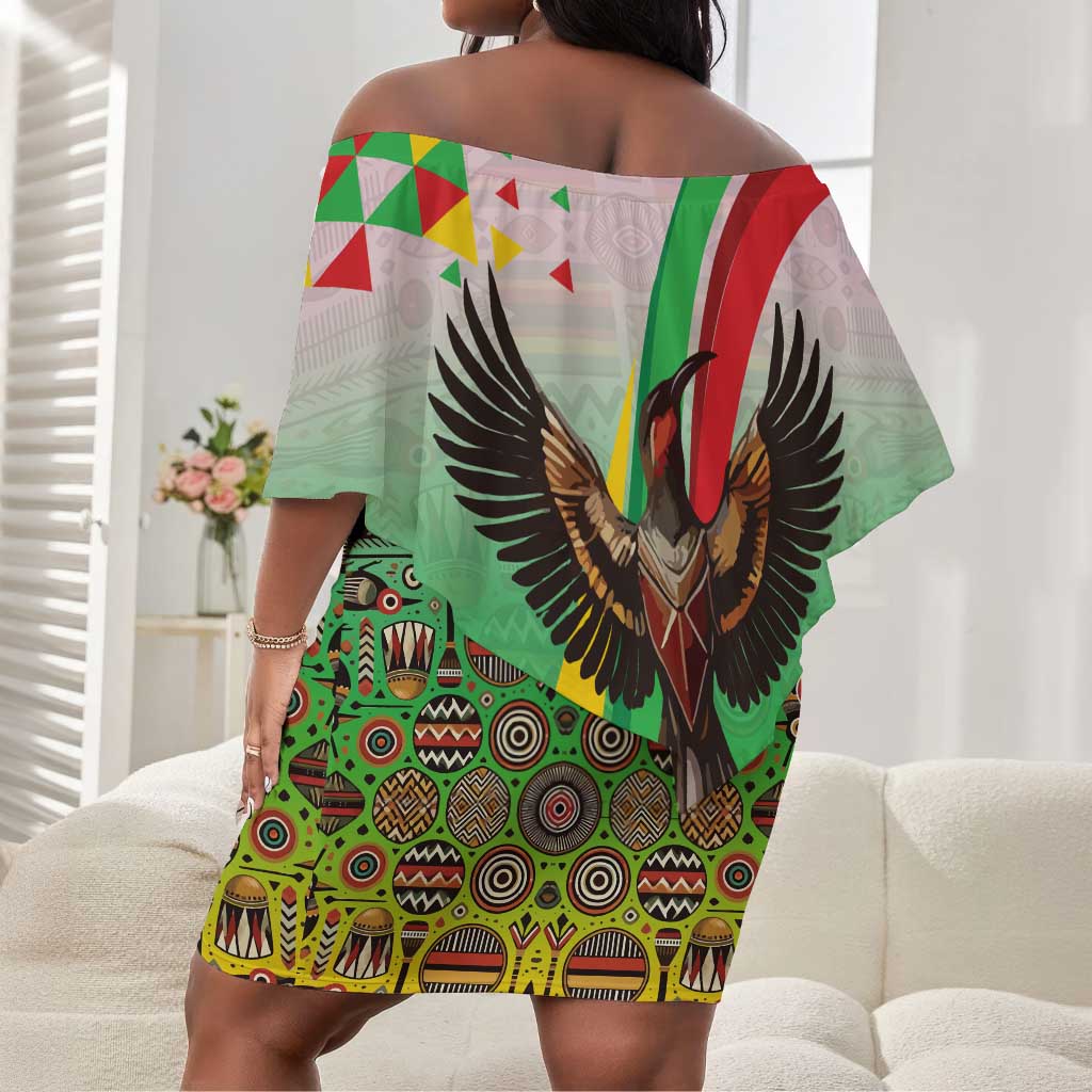Vibe Zimbabwe Off Shoulder Short Dress Tribal-Inspired Background with Geometric Flag Color Design