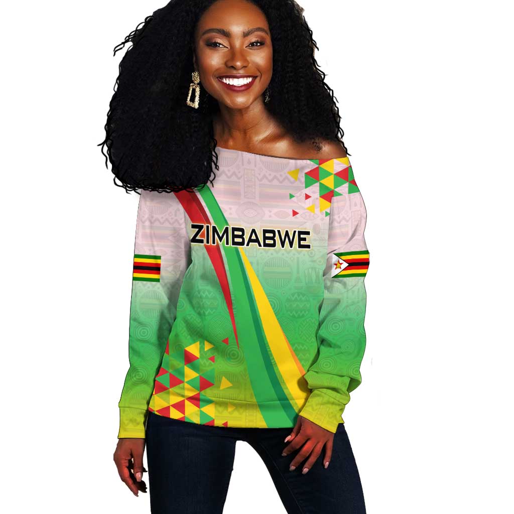 Vibe Zimbabwe Off Shoulder Sweater Tribal-Inspired Background with Geometric Flag Color Design