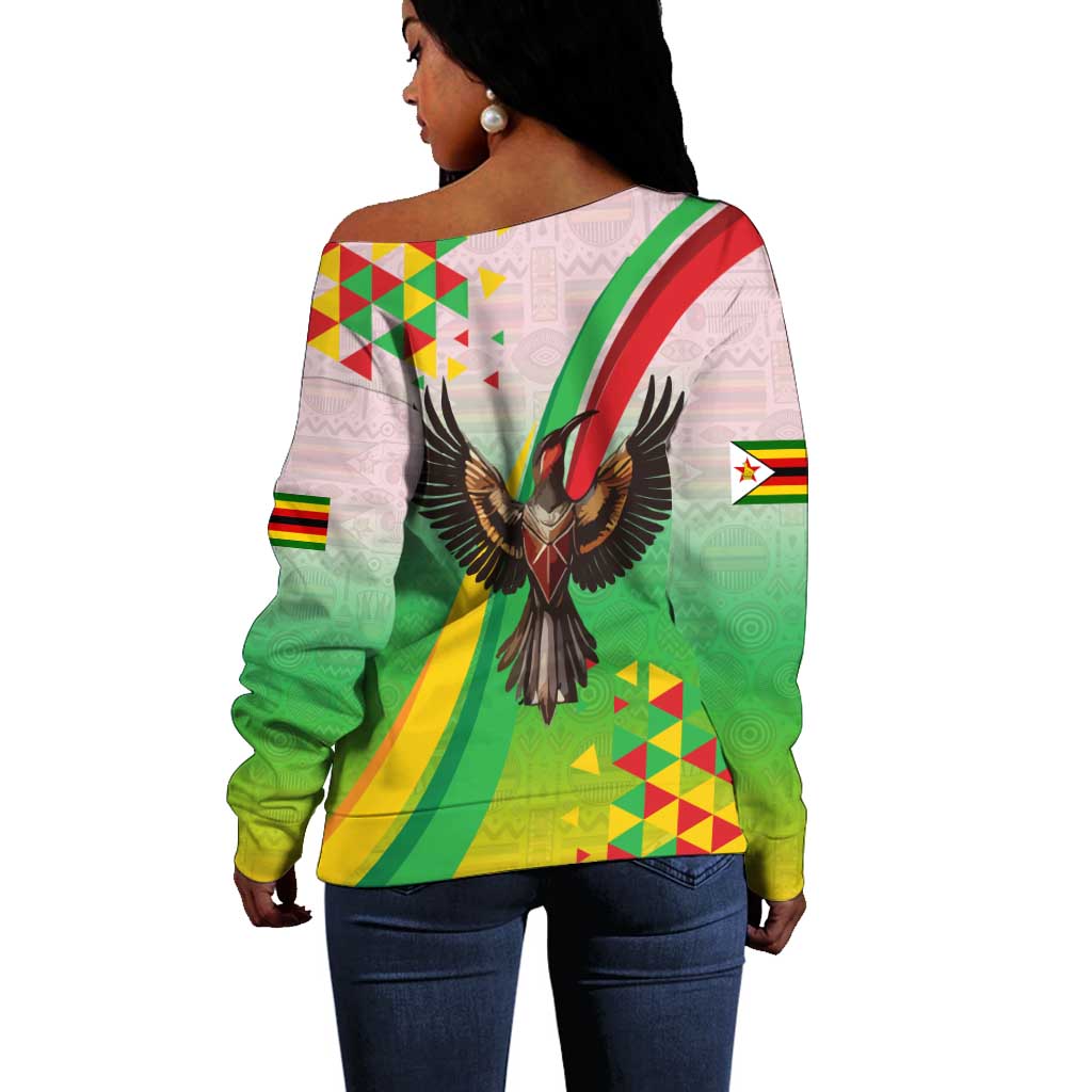 Vibe Zimbabwe Off Shoulder Sweater Tribal-Inspired Background with Geometric Flag Color Design