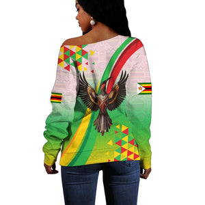 Vibe Zimbabwe Off Shoulder Sweater Tribal-Inspired Background with Geometric Flag Color Design