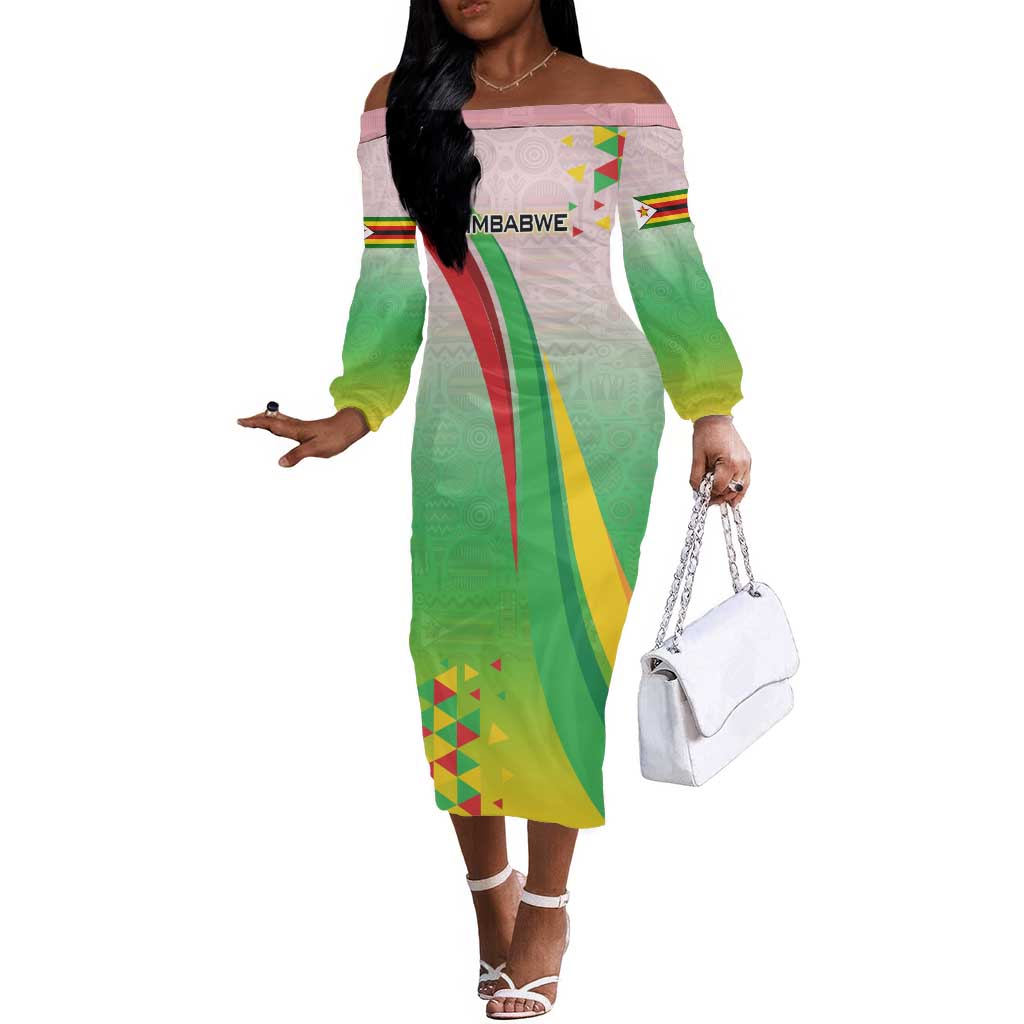 Vibe Zimbabwe Off The Shoulder Long Sleeve Dress Tribal-Inspired Background with Geometric Flag Color Design