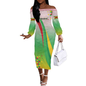 Vibe Zimbabwe Off The Shoulder Long Sleeve Dress Tribal-Inspired Background with Geometric Flag Color Design