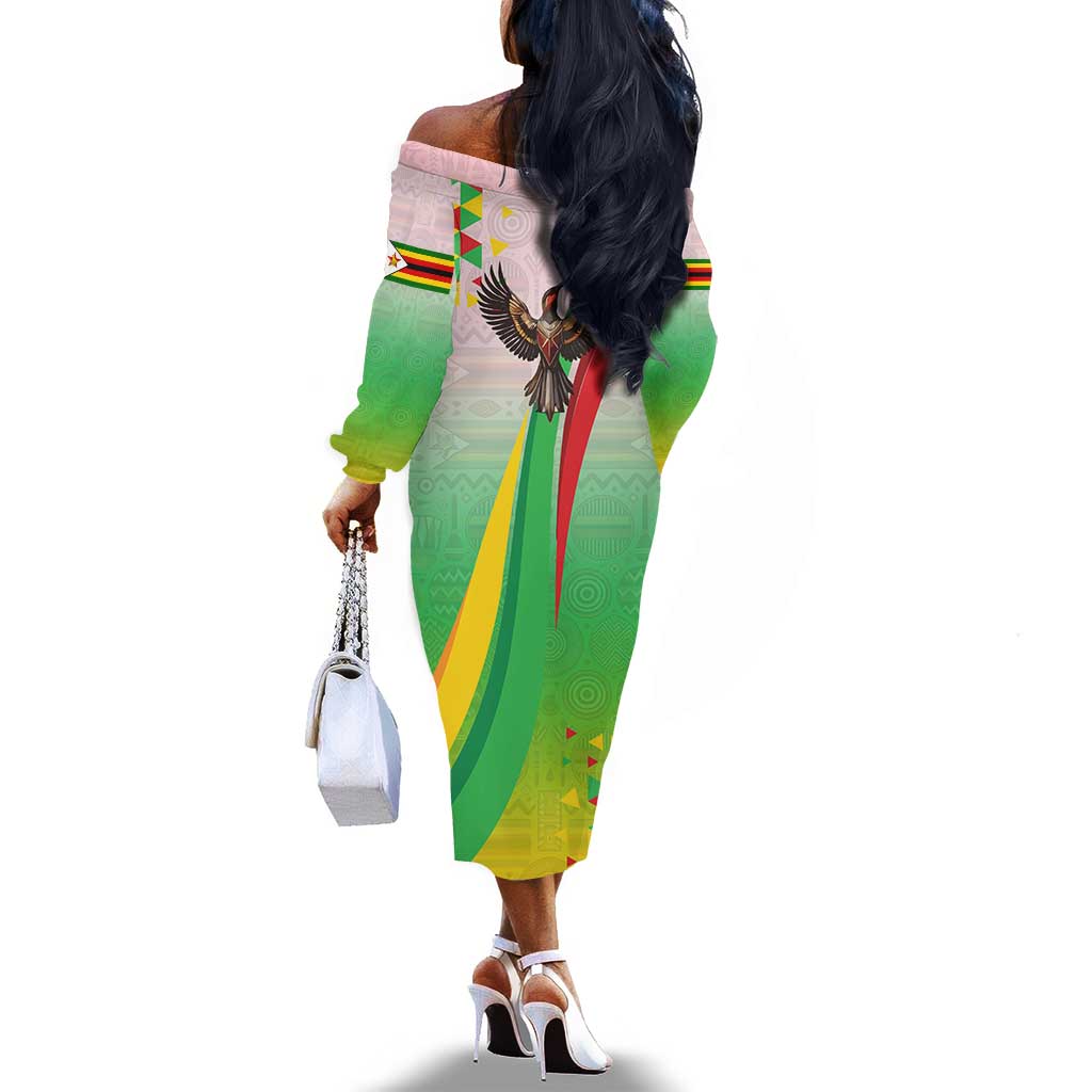 Vibe Zimbabwe Off The Shoulder Long Sleeve Dress Tribal-Inspired Background with Geometric Flag Color Design