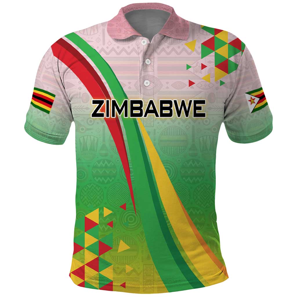 Vibe Zimbabwe Polo Shirt Tribal-Inspired Background with Geometric Flag Color Design