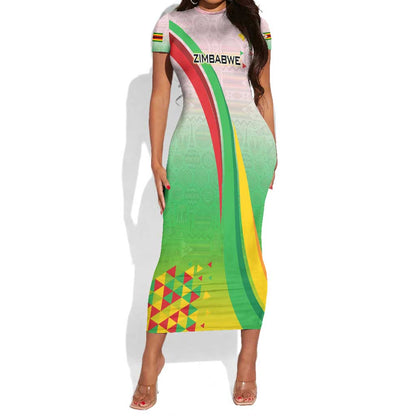 Vibe Zimbabwe Short Sleeve Bodycon Dress Tribal-Inspired Background with Geometric Flag Color Design TS04
