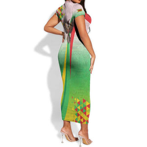 Vibe Zimbabwe Short Sleeve Bodycon Dress Tribal-Inspired Background with Geometric Flag Color Design TS04